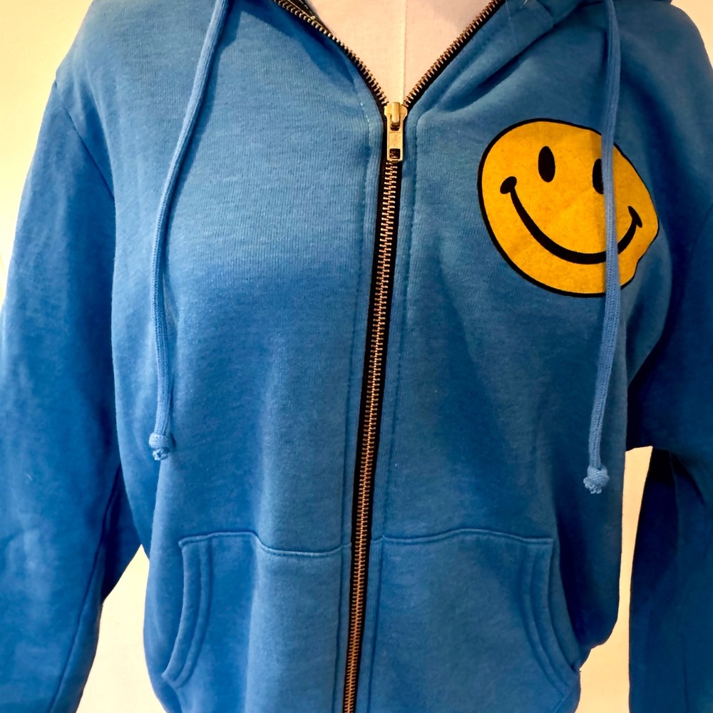 Aviator Nation Blue Zip Hoodie with Yellow Smiley Patch - Picture 2 of 7